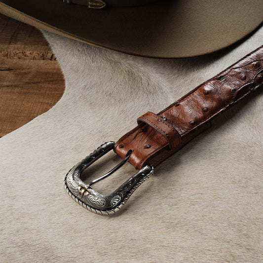 Ostrich Western Tab Belt Antique Cognac Men