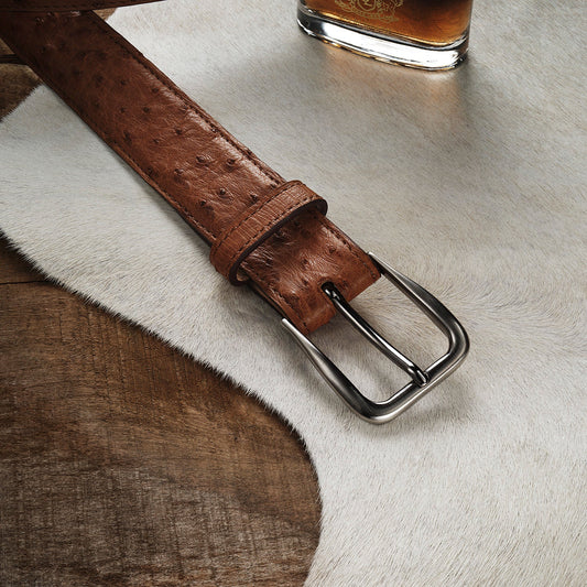 Ostrich Western Tab Belt 1 1/4 Width Antique Cognac Men