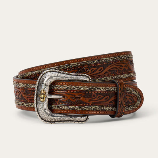 Tooled Horse Hair Braided Edge Belt Natural Men