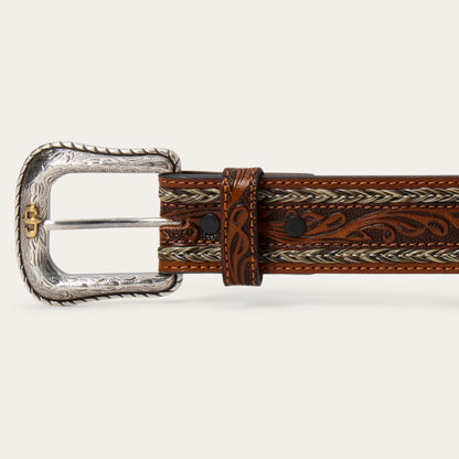 Tooled Horse Hair Braided Edge Belt Natural Men