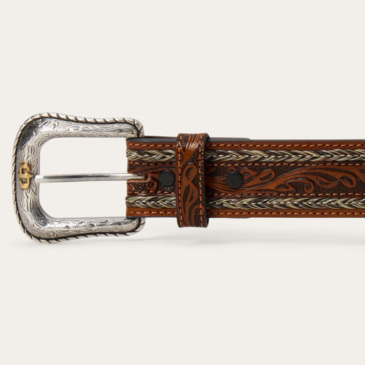 Tooled Horse Hair Braided Edge Belt Natural Men