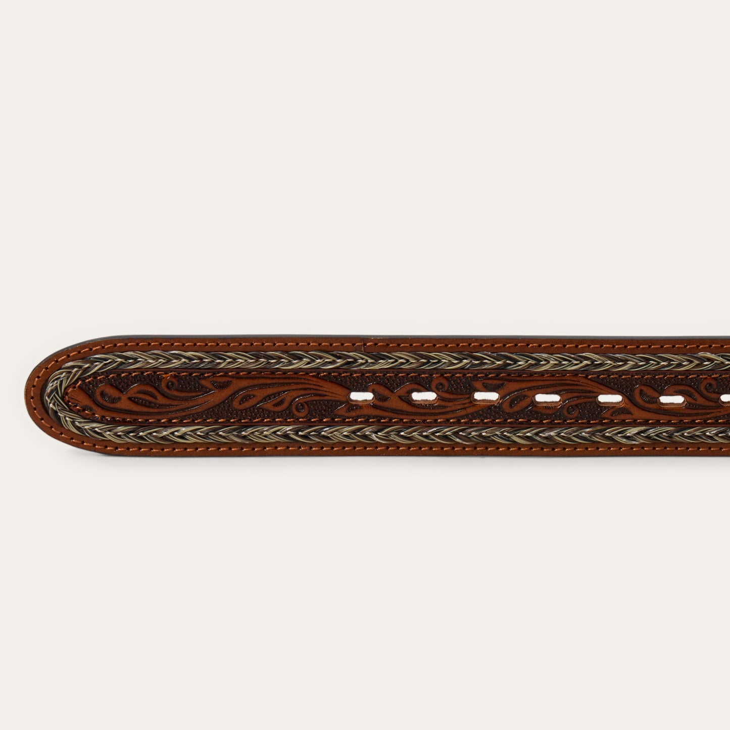 Tooled Horse Hair Braided Edge Belt Natural Men
