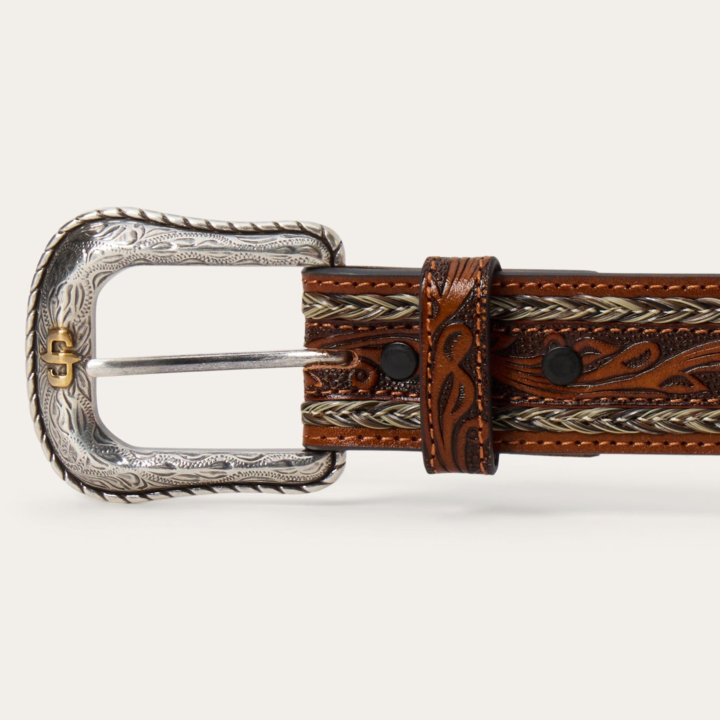 Tooled Horse Hair Braided Edge Belt Natural Men