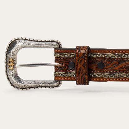 Tooled Horse Hair Braided Edge Belt Natural Men