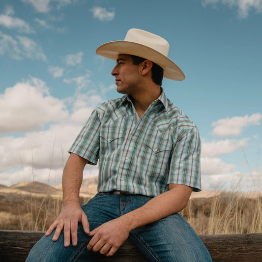 Turquoise Plaid ShortSleeve Western Shirt Men