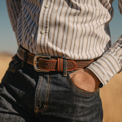 Pebble Leather Basket Weave Tabs Belt Natural/Brown Men