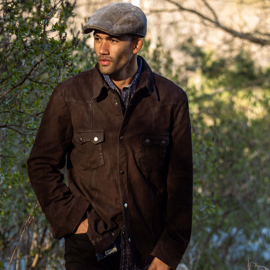 Leather Western Shirt Jacket Mens Brown